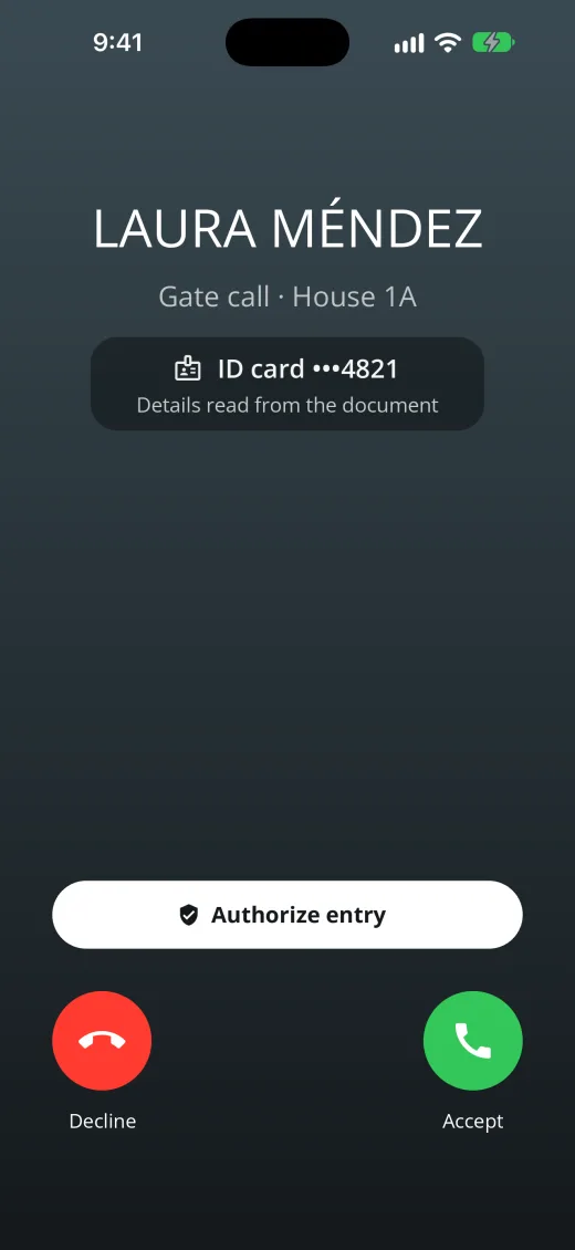 Incoming video call from the gate on a resident's iPhone, with an Authorize entry button