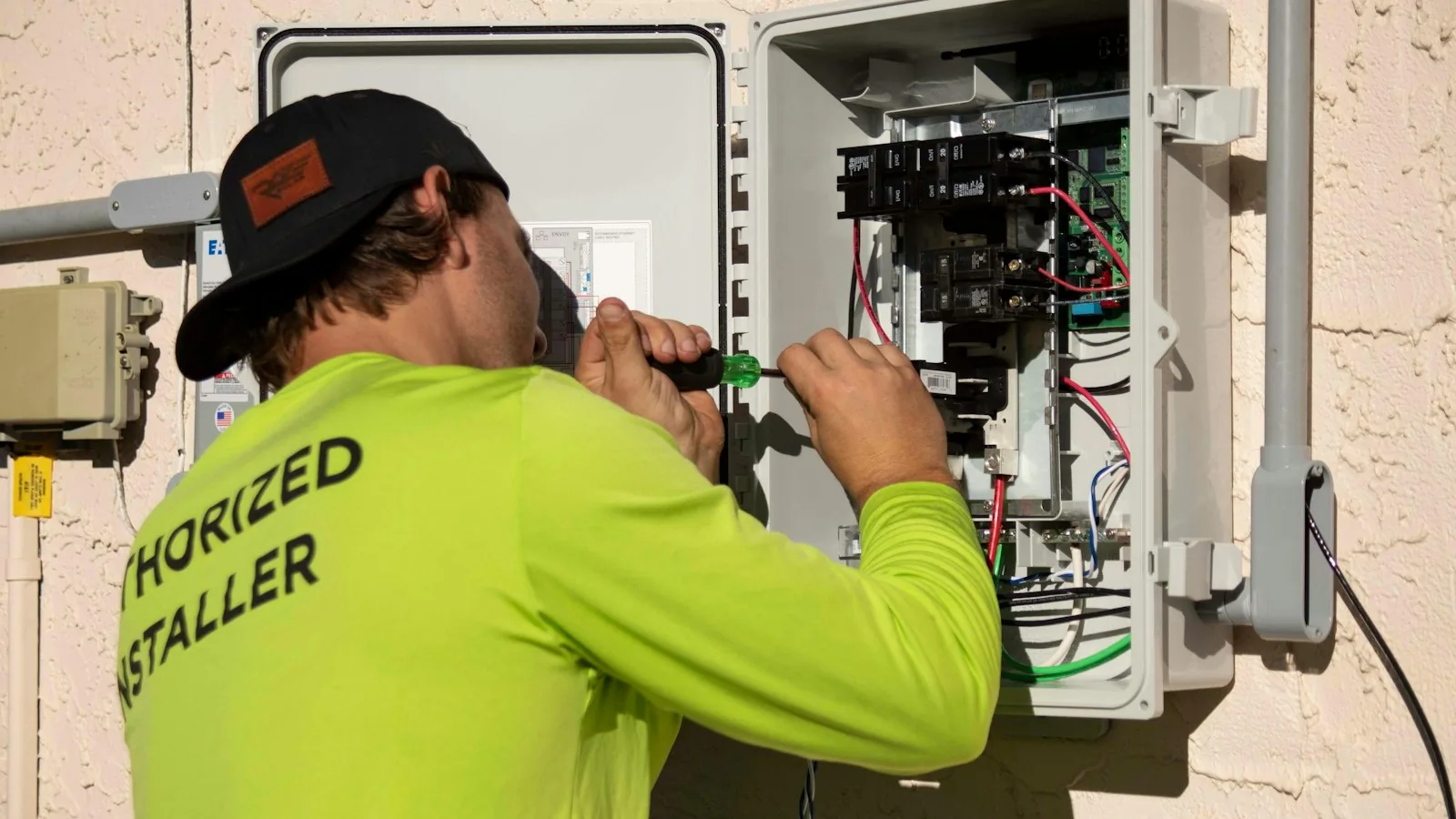 An electrician installing a smart relay next to a gate motor